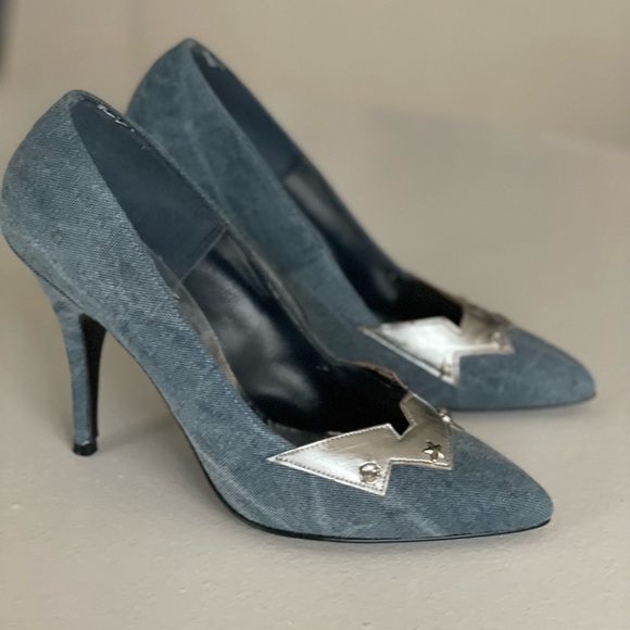 Vintage denim / silver high heels. - Picture 1 of 8